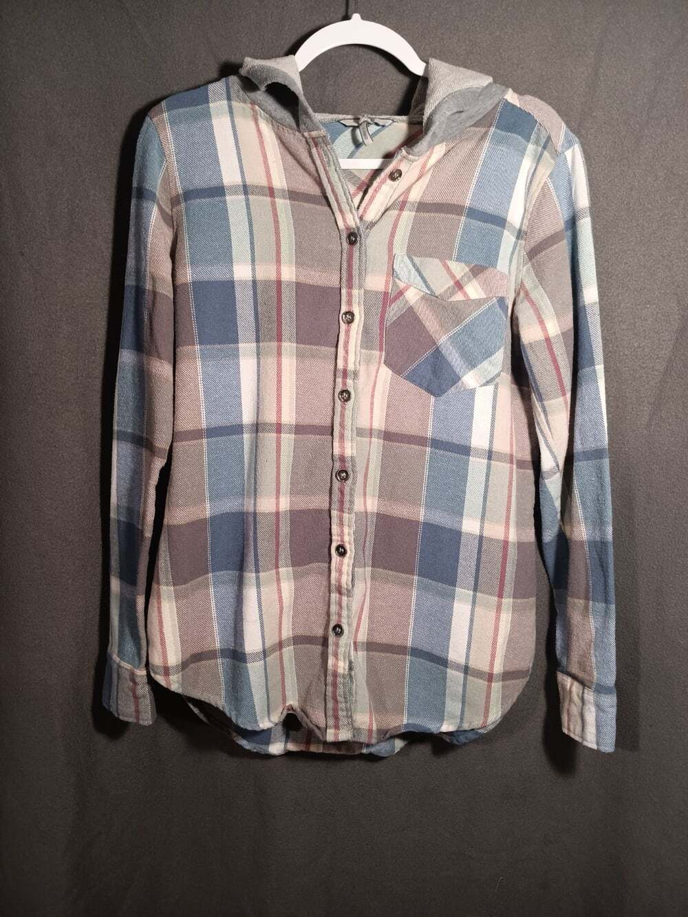 BKE Buckle Women’s Medium Plaid Flannel Hooded Button Up Sweater Shacket Medium